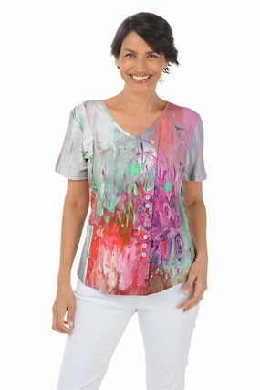 Jardin Offset Button Front Pocket Tee Stretch Material