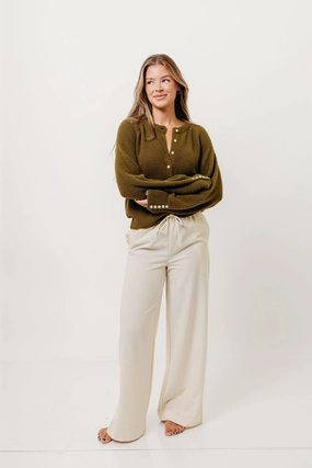 Structured Shoulder Andrea Fuzzy Ribbed Knit Cardigan Top in Olive