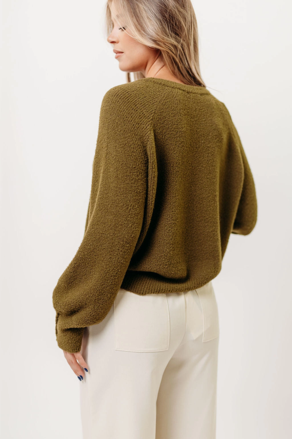 Andrea Fuzzy Ribbed Knit Cardigan Top in Olive Airflow Mesh Insert Rubberized grip