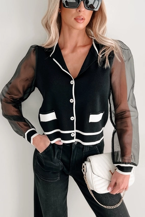 Chic Perception Organza Sleeve Cardigan (Black/Ivory) Layered Sleeve PolishedFinish