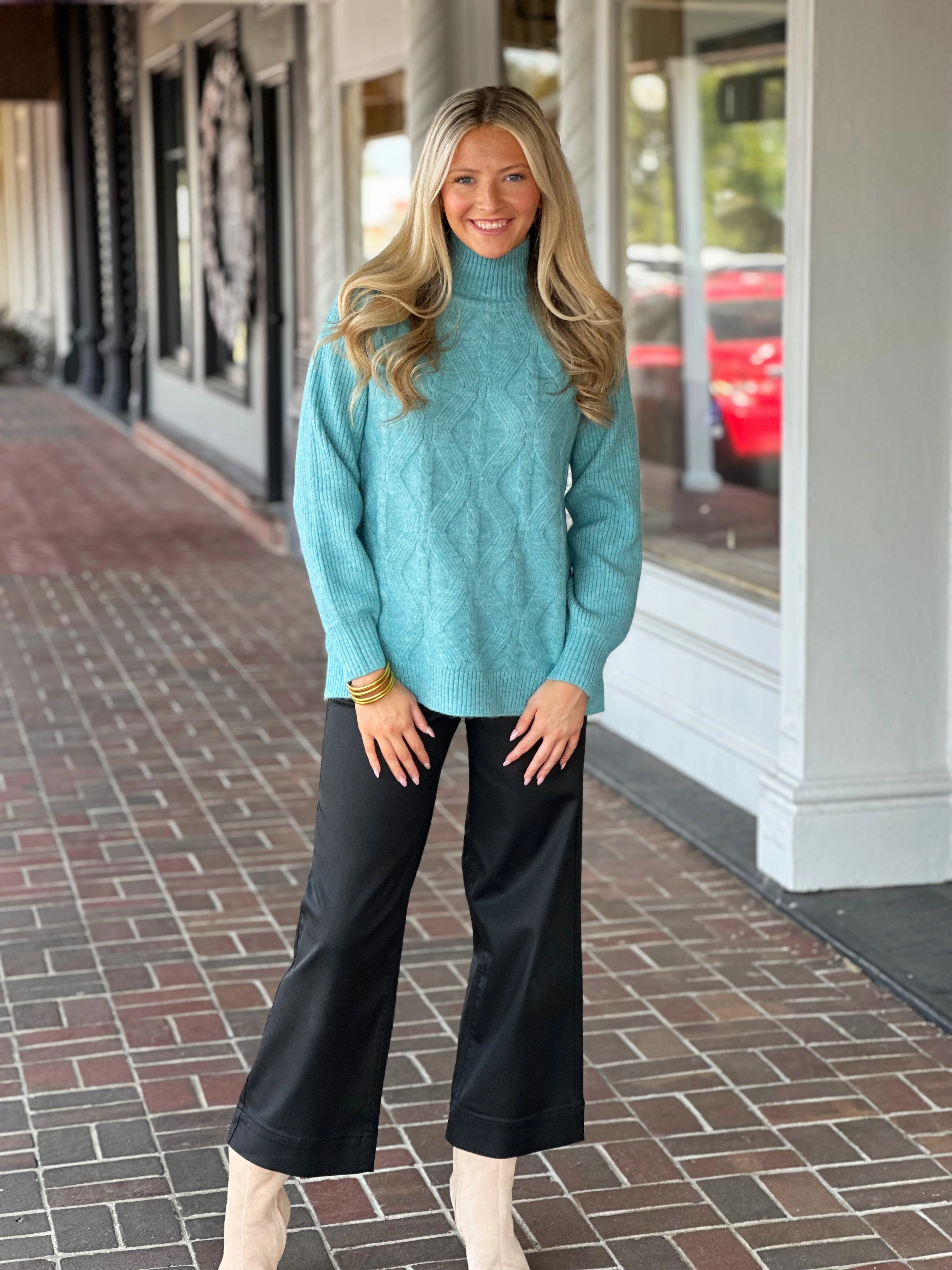 Lightweight Blouse All-Purpose Wear Tribal Mock Neck Sweater in Mist Blue