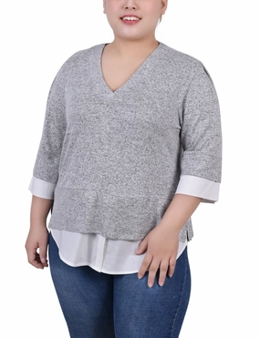 Simple Dress MultipanelLayout Plus Size Long Sleeve 2-In 1 Top