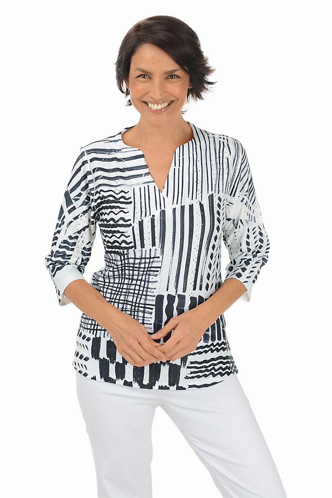 AthleisureCompatible Bold Lines High-Low Eyelet Top