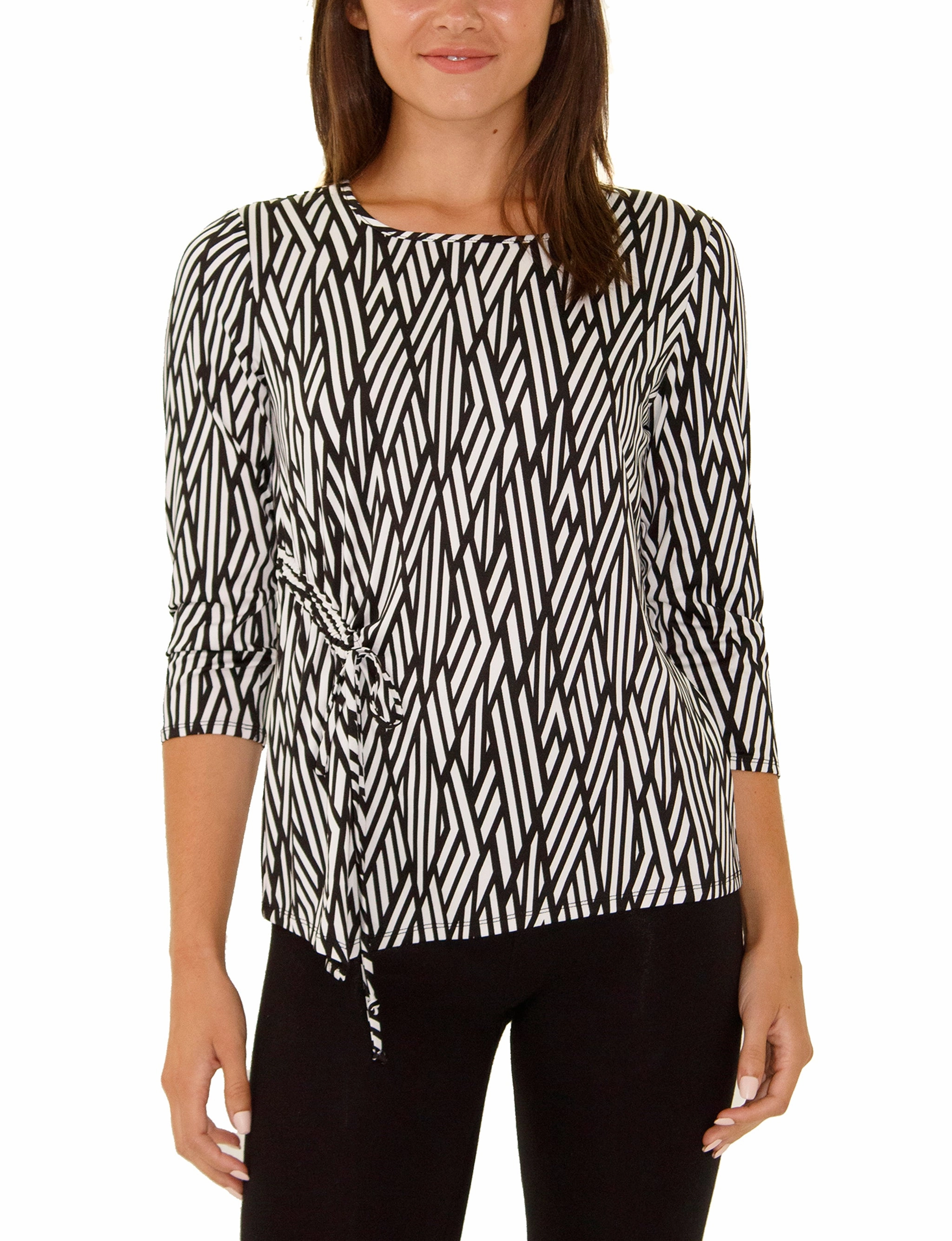 Elbow Sleeve Pullover With Drawstring Detail Top Loose Blouse SelfFabric Binding