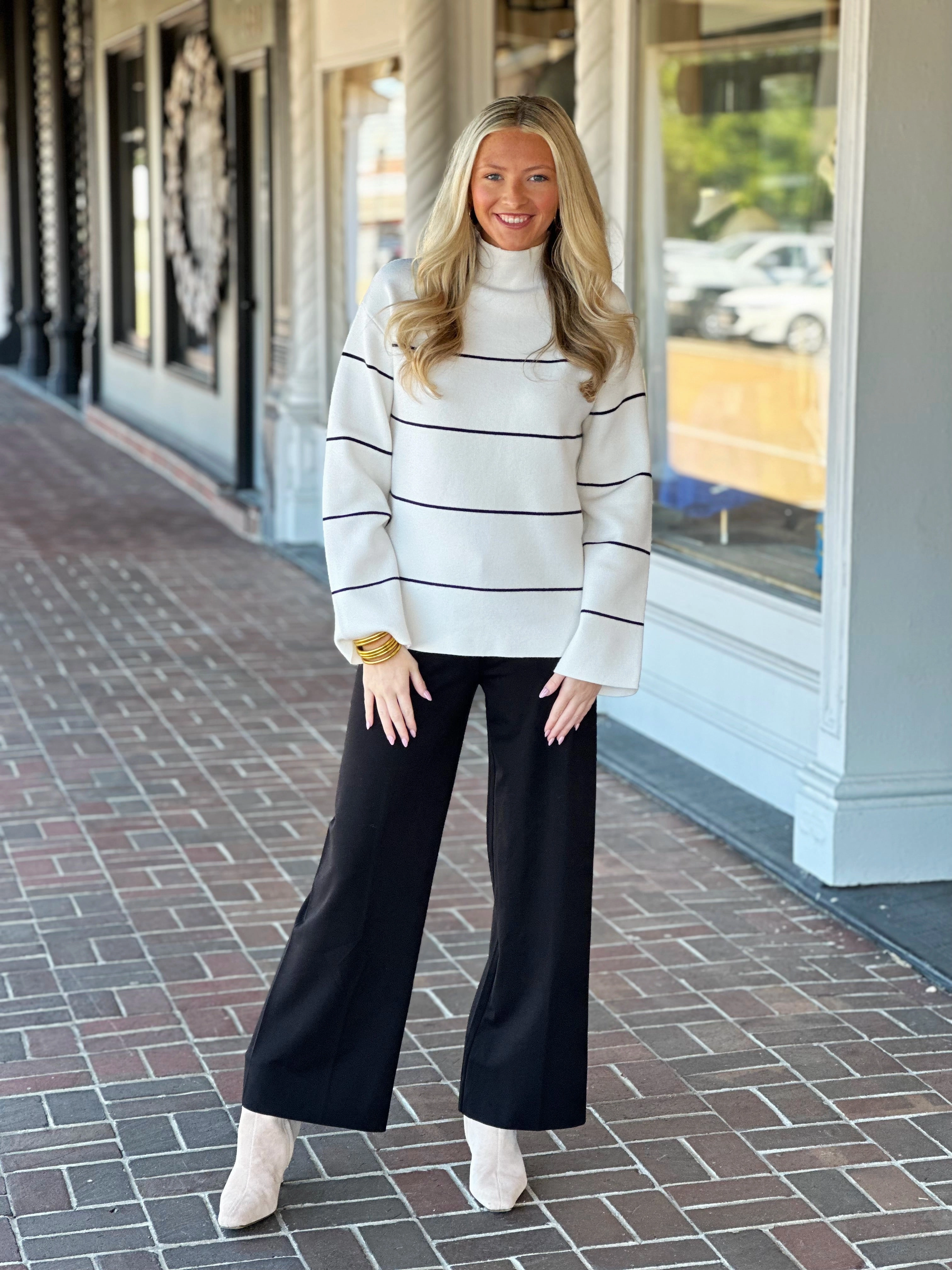 Sustainable Manufacturing Process Adjustable Hem Cuff Charlie B Yarn Dyed Striped Ecru Sweater