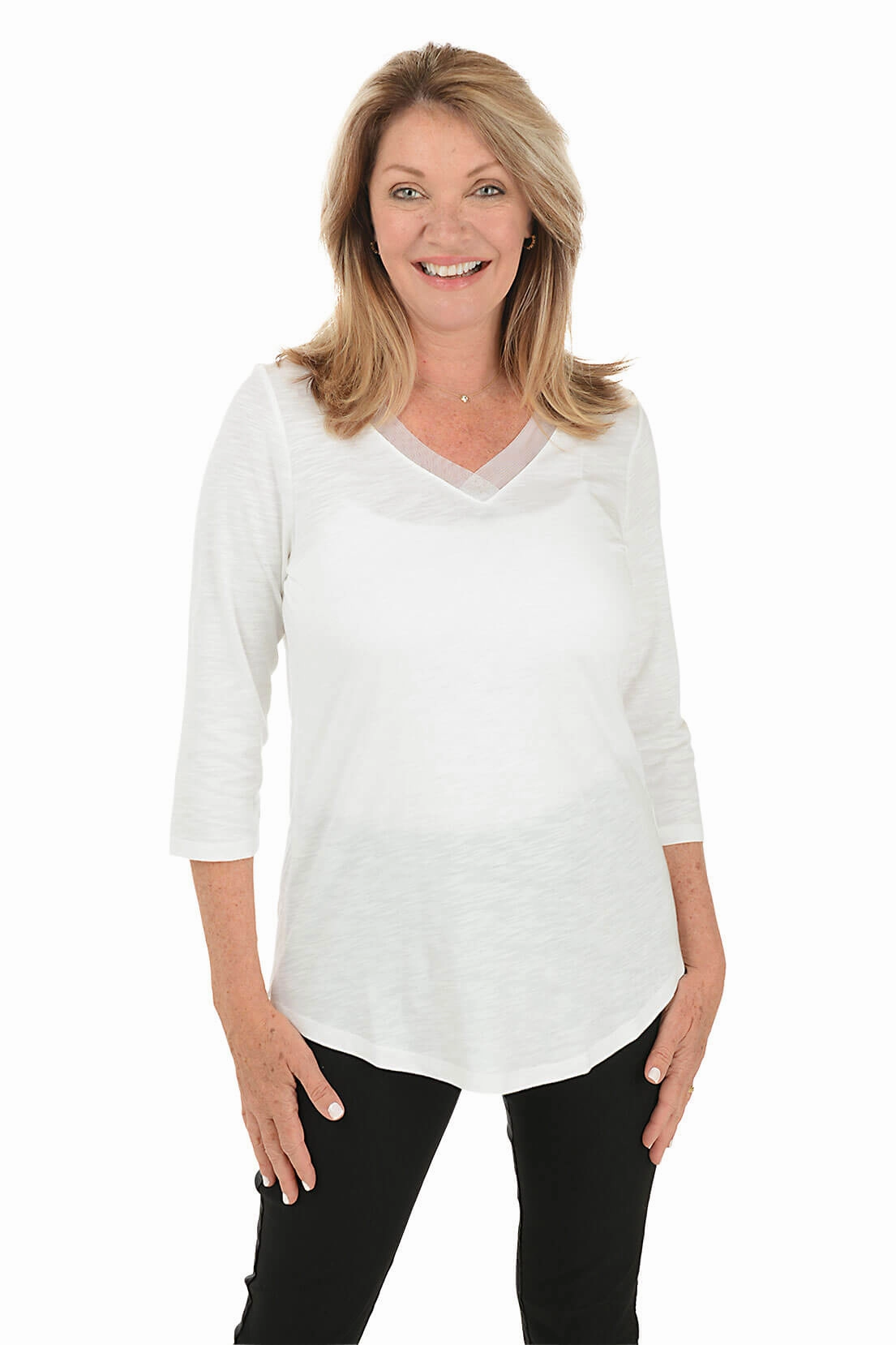 Non Restrictive Collar Mesh V-Neck 3/4 Sleeve Top