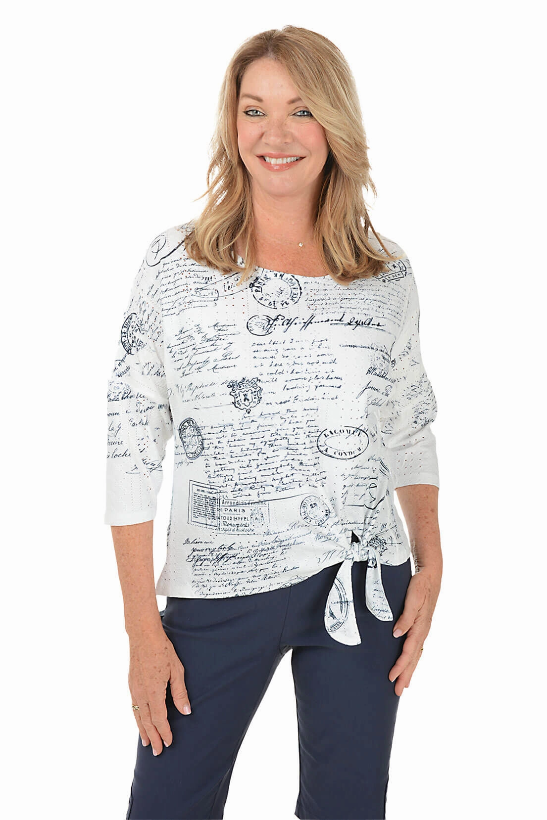 Petite Paris Postage Eyelet Tie-Front Top DoubleLayeredFabric Recycled Polyester Material