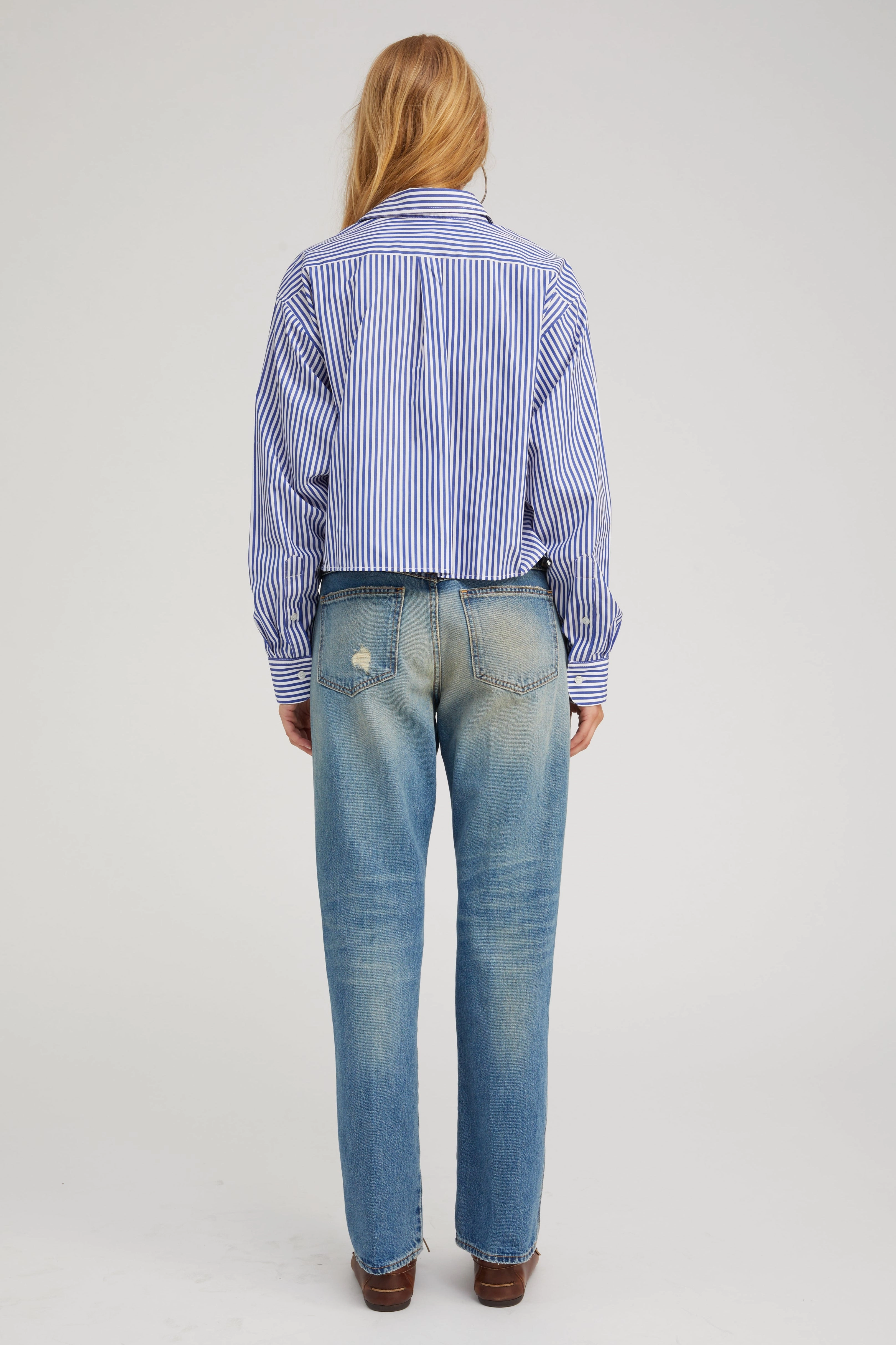 Royal Blue Striped Cropped Button Down HiddenVentilationPockets Durable Stitching