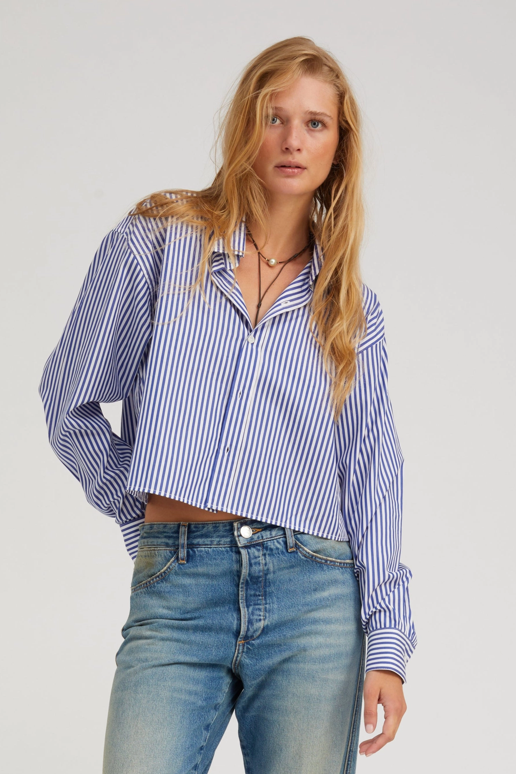 Royal Blue Striped Cropped Button Down UV Protection Enhanced HighDensityFoam
