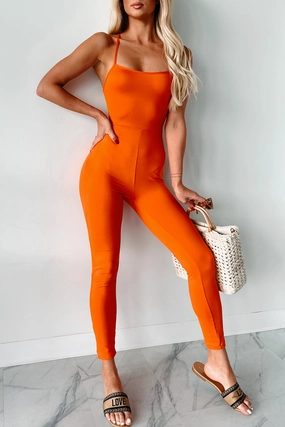 Flexible Material Time To Walk Away Lace-Up Back Jumpsuit (Orange)
