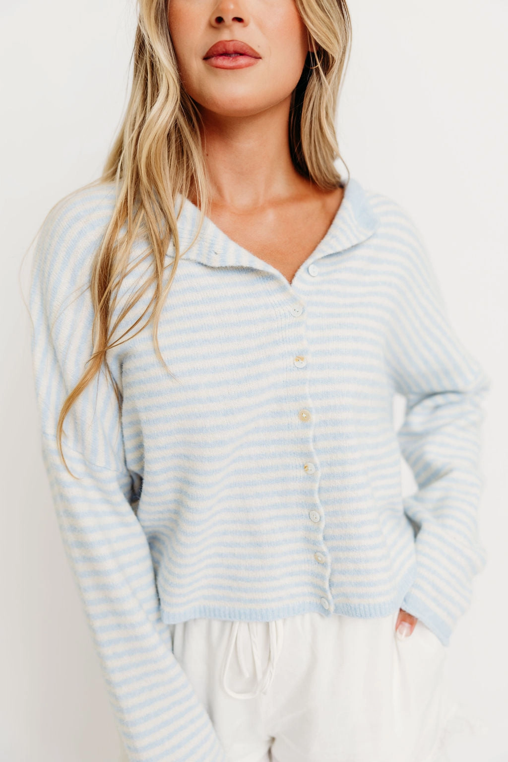 Self Fabric Tie Closure Piper Mini Stripes Cardigan in Light Blue