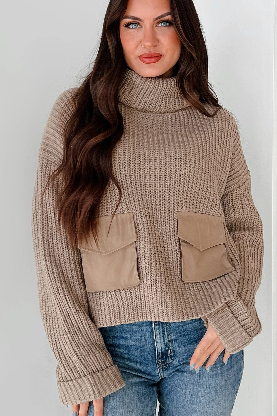 Tell Me Everything Cowl Neck Cargo Sweater (Taupe) MoistureWicking Fabric
