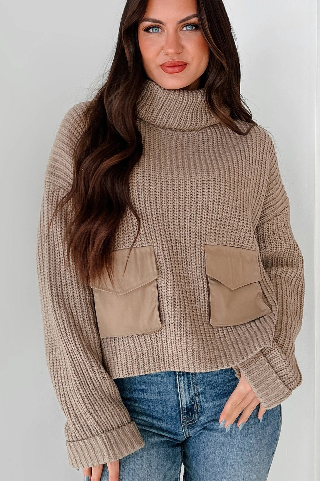 Reflective Detailing Slim Fit Design Tell Me Everything Cowl Neck Cargo Sweater (Taupe)