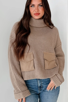 Reflective Detailing Slim Fit Design Tell Me Everything Cowl Neck Cargo Sweater (Taupe)