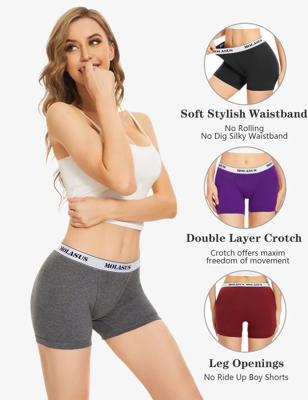 Molasus 4.5" Inseam Womens Cotton Boxer Briefs Underwear Boy Shorts Panties