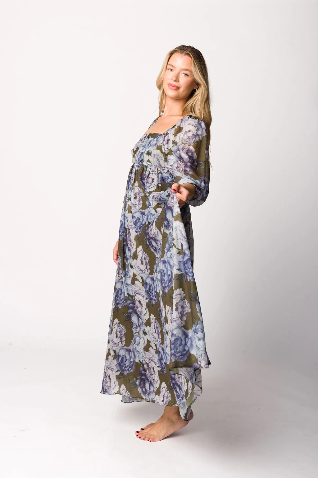 Sleek Draping Delicate Details Mona Maxi Dress in Olive/Blue Floral - Bump Friendly *9/30 PRE-ORDER*