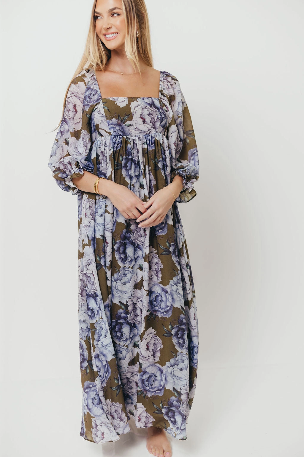 Mona Maxi Dress in Olive/Blue Floral - Bump Friendly *9/30 PRE-ORDER* Breathable wear