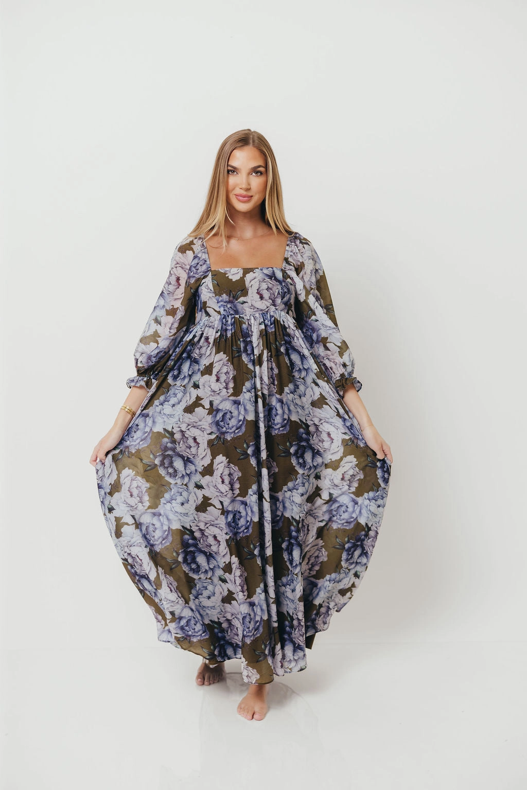 Mona Maxi Dress in Olive/Blue Floral - Bump Friendly *9/30 PRE-ORDER* Romantic Vibes Year Round