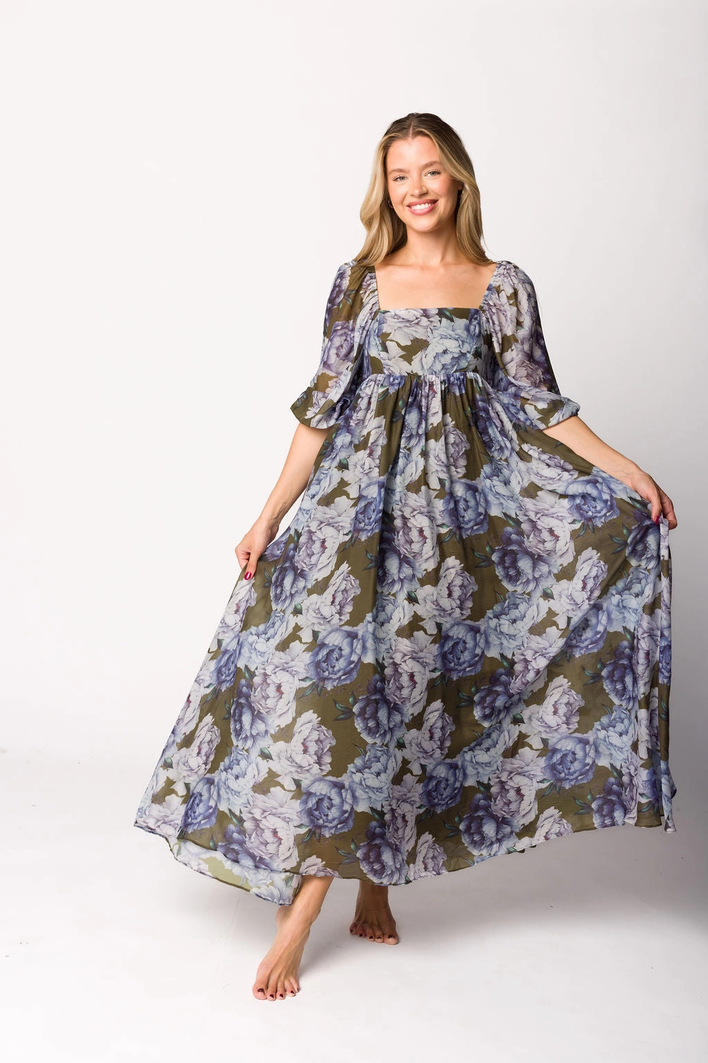 Subtle Drape Mona Maxi Dress in Olive/Blue Floral - Bump Friendly *9/30 PRE-ORDER*