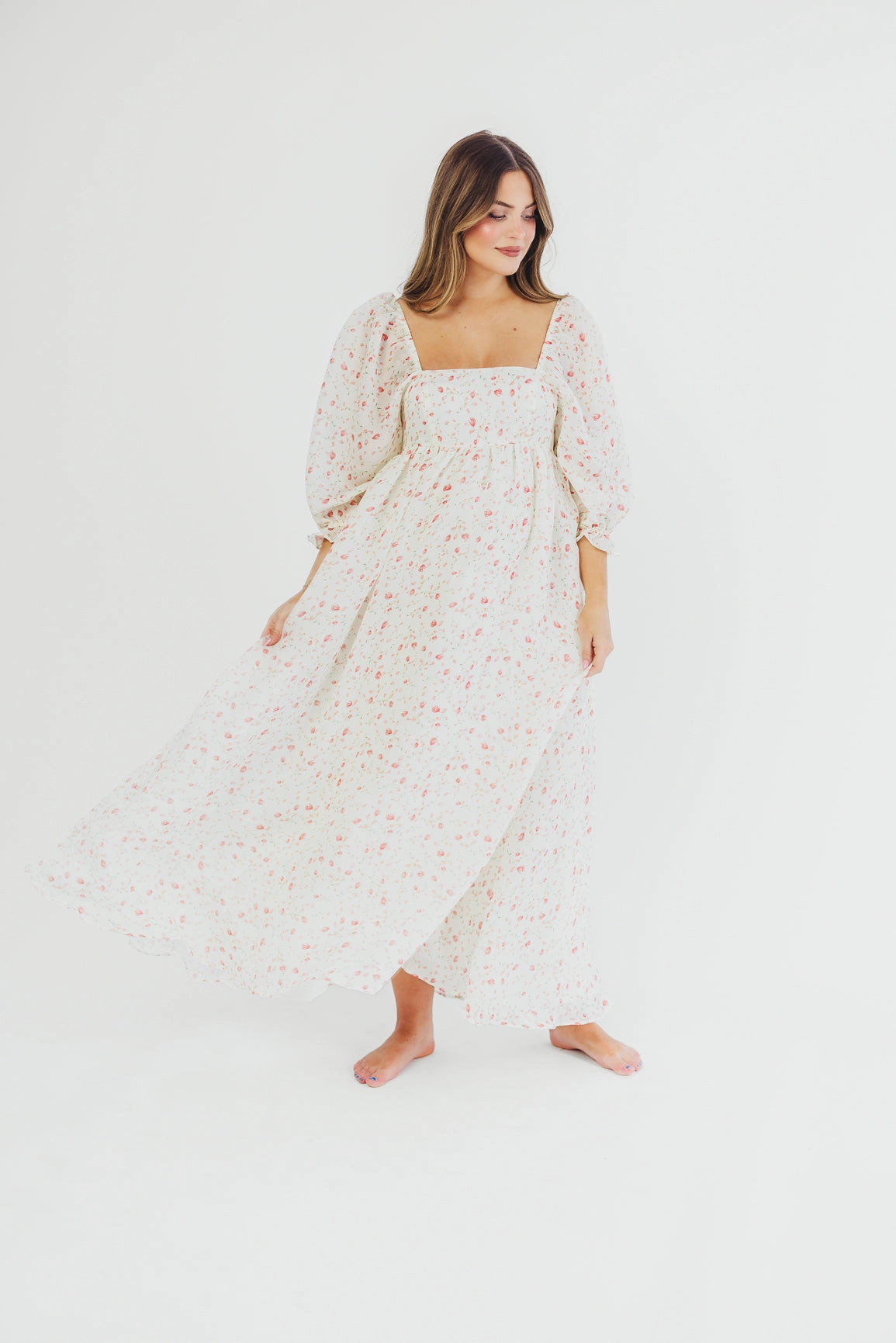 Mona Maxi Dress with Smocking in Ivory Floral - Bump Friendly & Inclusive Sizing (S-2XL) Summer Ready