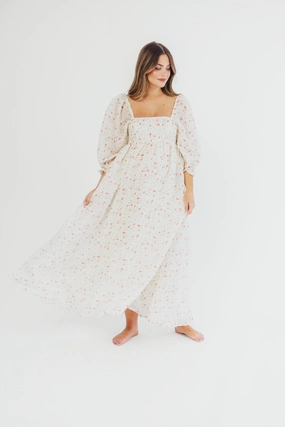 Mona Maxi Dress with Smocking in Ivory Floral - Bump Friendly & Inclusive Sizing (S-2XL) Summer Ready