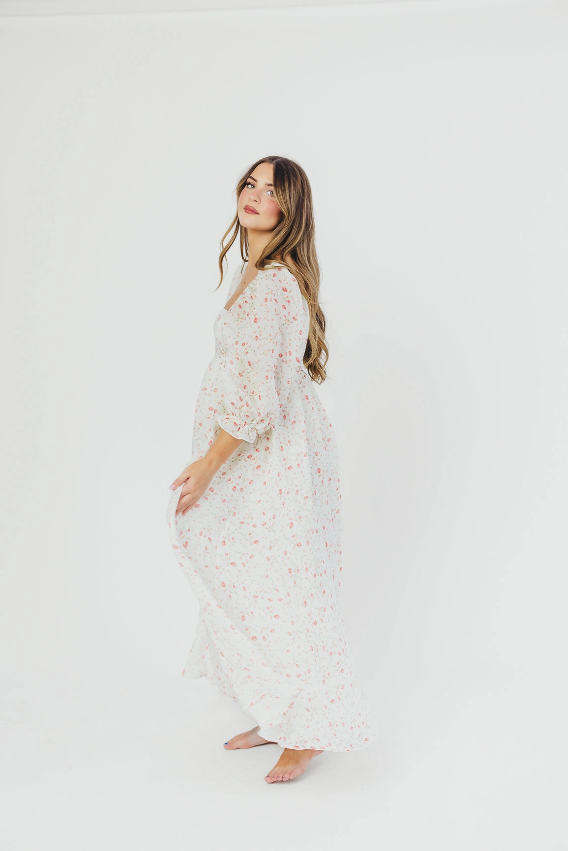 wrap waist Mona Maxi Dress with Smocking in Ivory Floral - Bump Friendly & Inclusive Sizing (S-2XL)