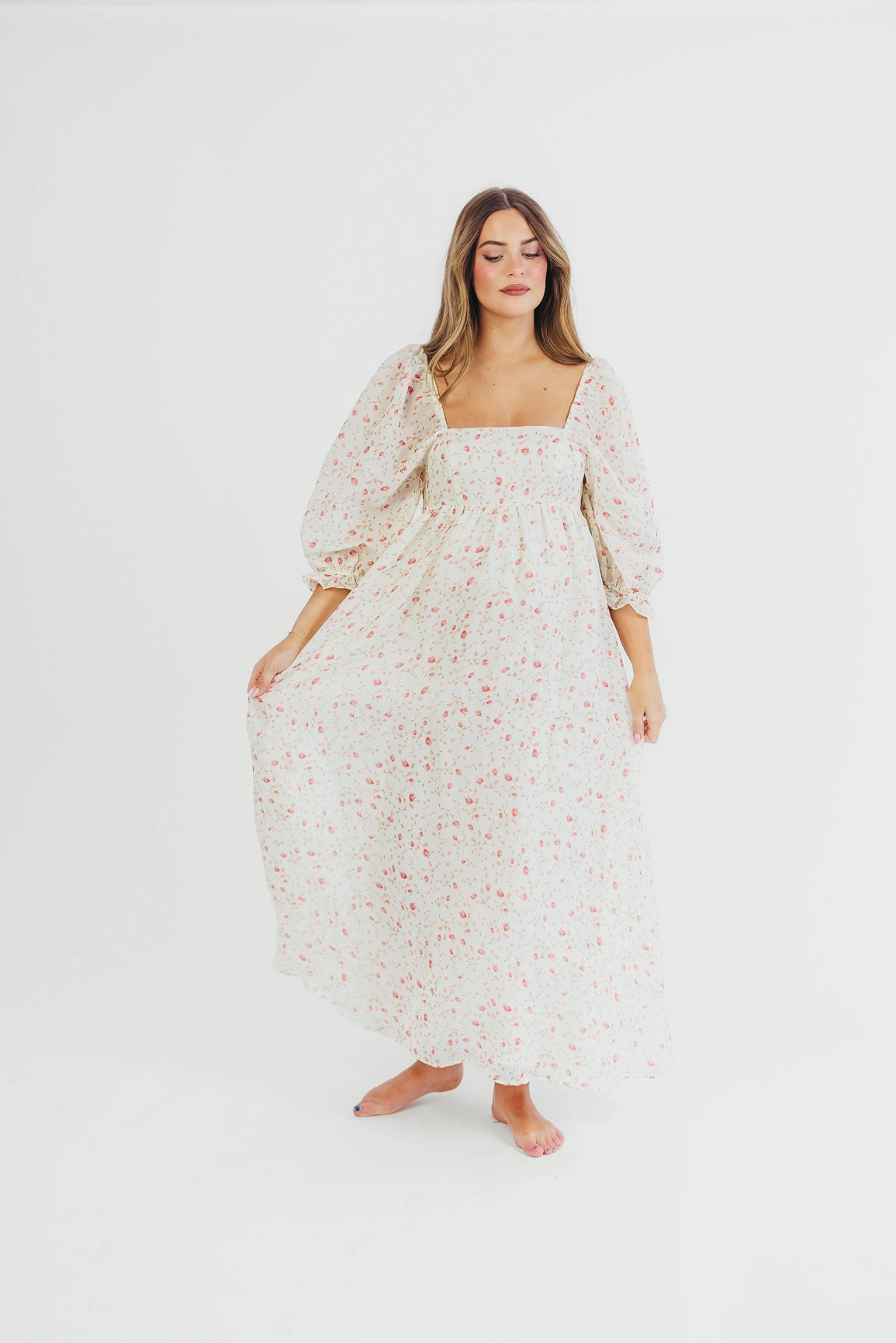 Mona Maxi Dress with Smocking in Ivory Floral - Bump Friendly & Inclusive Sizing (S-2XL) Fit Base Cozy Layers