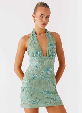 Monet Beaded Mini Dress - Mint Skin Glow Country View