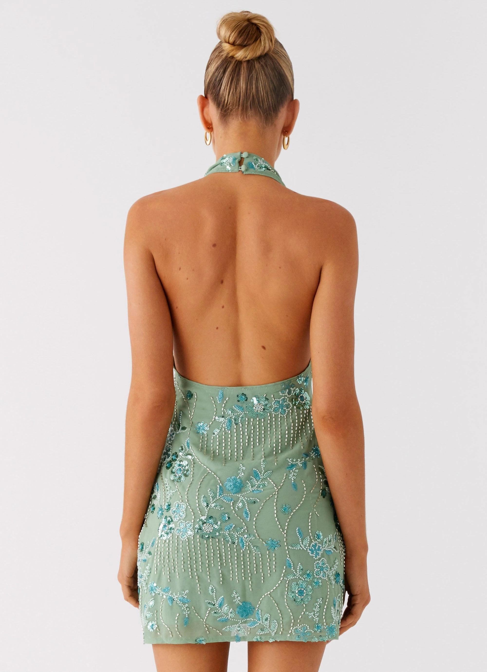 Monet Beaded Mini Dress - Mint Shiny Zip Pastel Sky