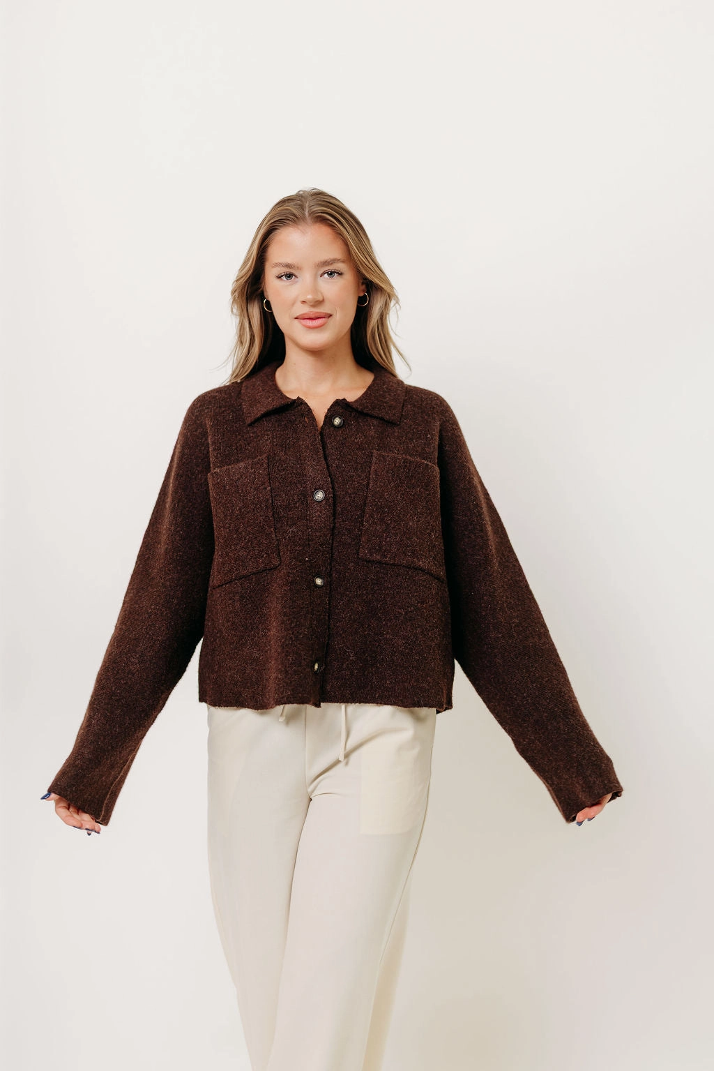 ButtonlessClosure Reverseble Design Monica Collared Button-Down Sweater in Brown