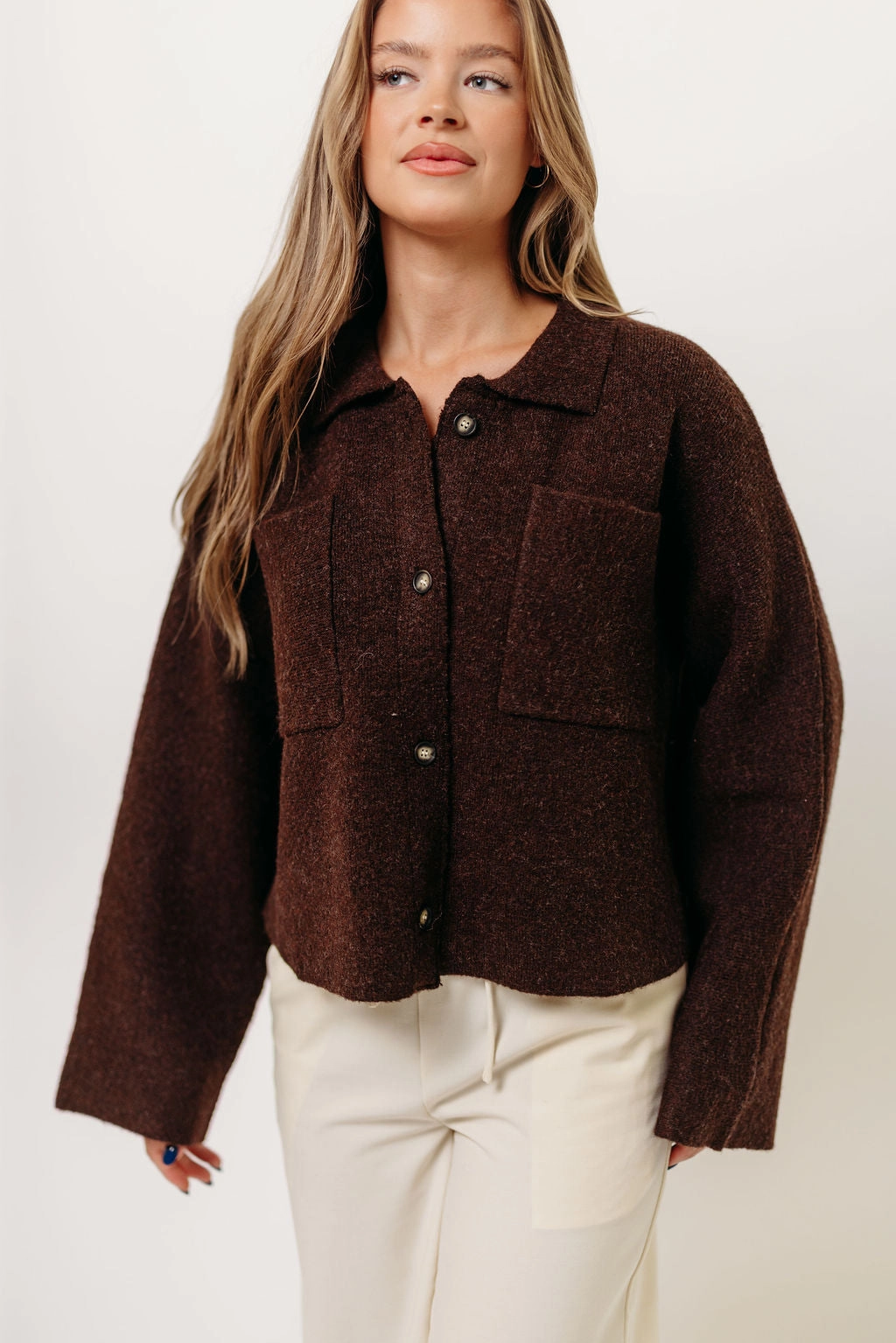 Airflow Ventilation Zones Monica Collared Button-Down Sweater in Brown