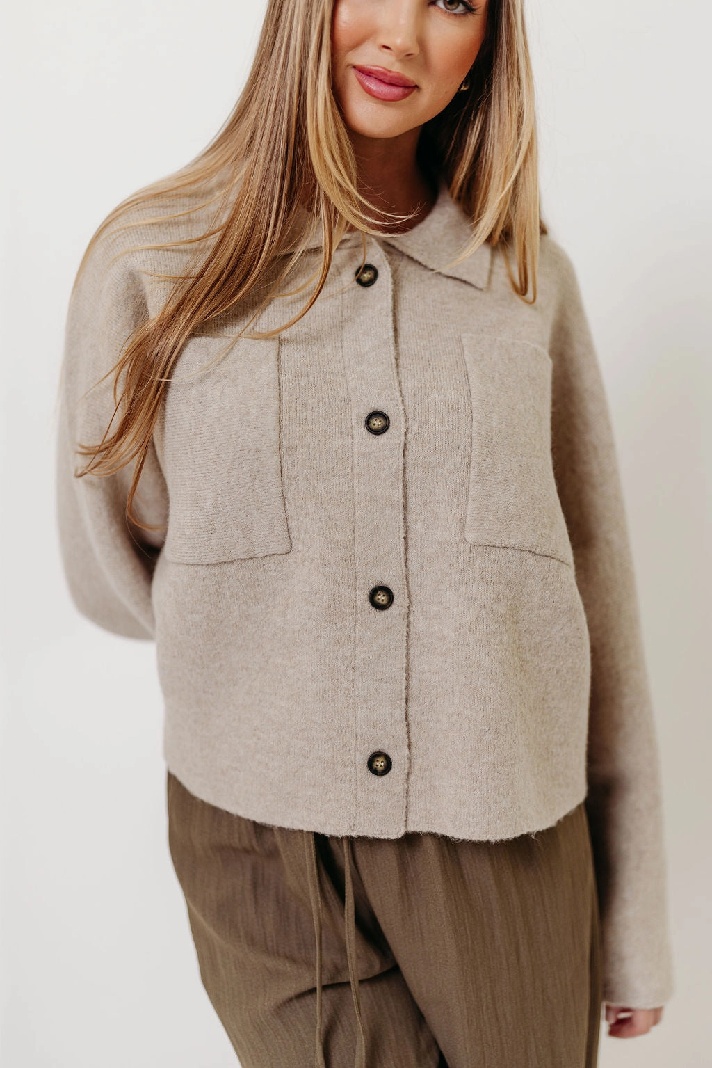 Ergonomic Cut AbrasionResistant Surface Monica Collared Button-Down Sweater in Papyrus