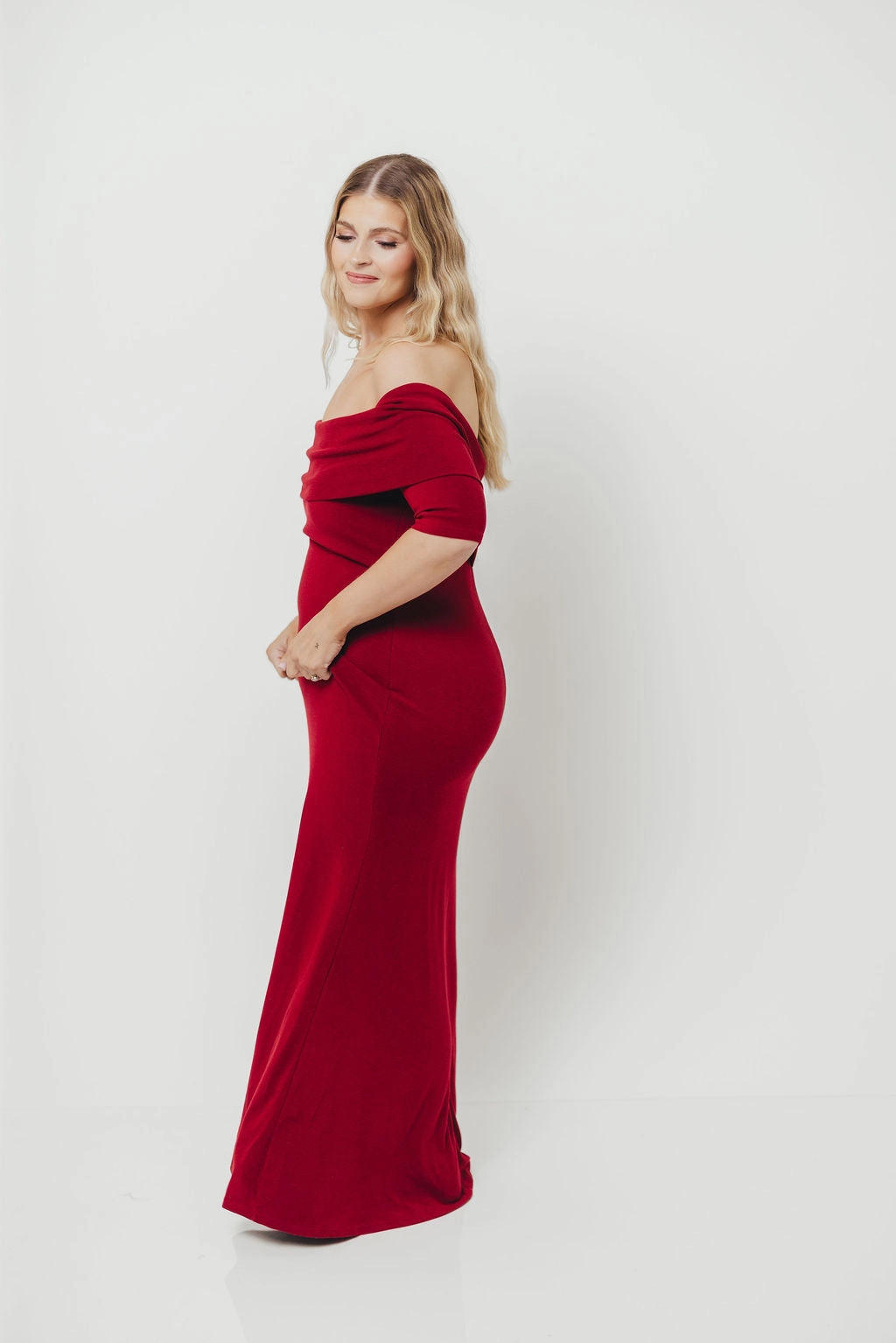 Feminine off-the-shoulder gown Monroe Half Sleeve Maxi Dress in Red - Bump Friendly