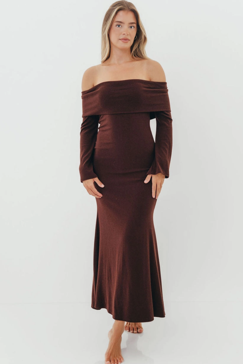 Monroe Maxi Dress with Long Sleeves in Chocolate Brown- Bump Friendly Modern-style