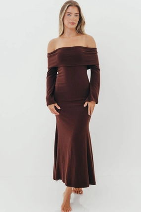 Monroe Maxi Dress with Long Sleeves in Chocolate Brown- Bump Friendly Modern-style
