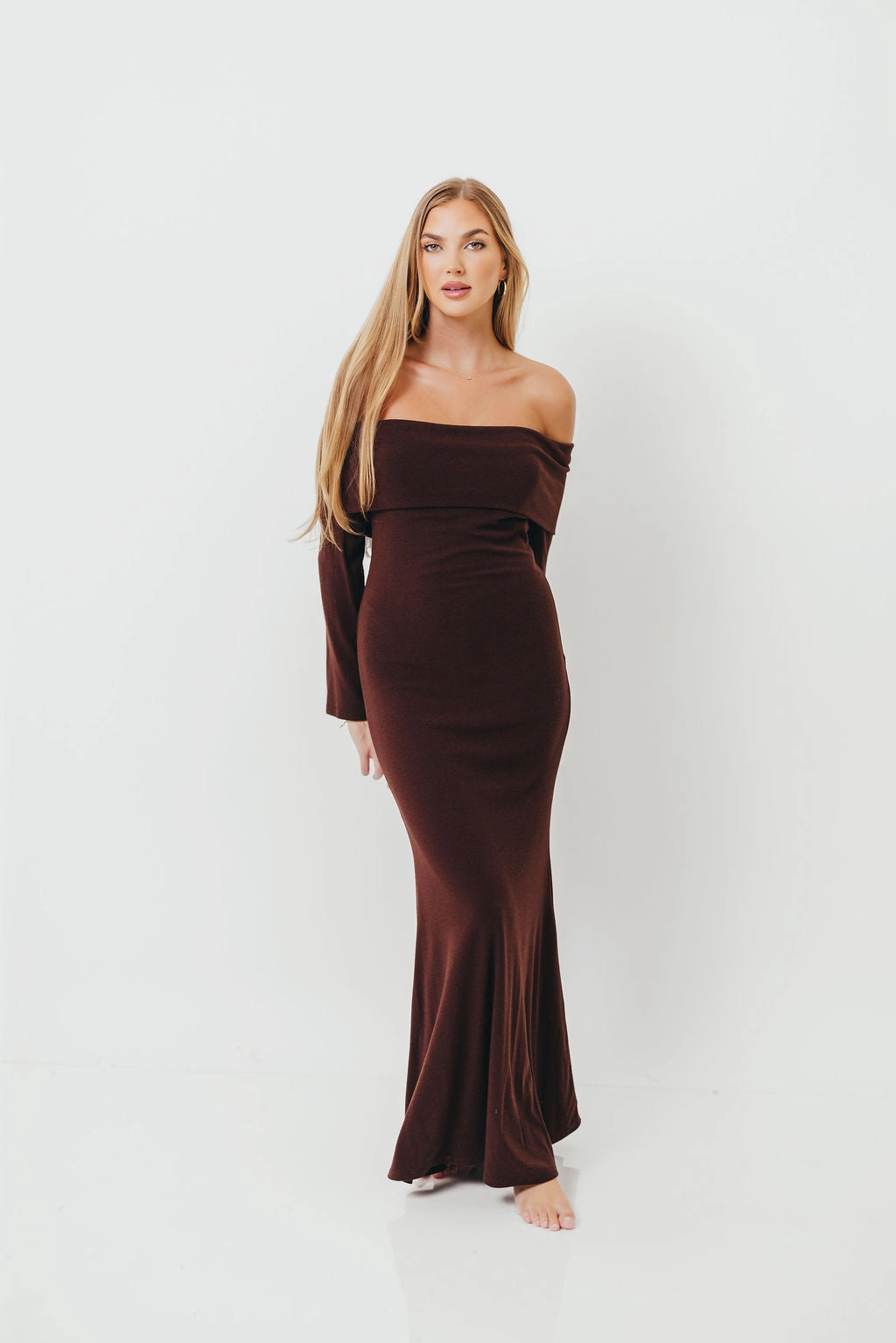 Casual Fit Monroe Maxi Dress with Long Sleeves in Chocolate Brown- Bump Friendly