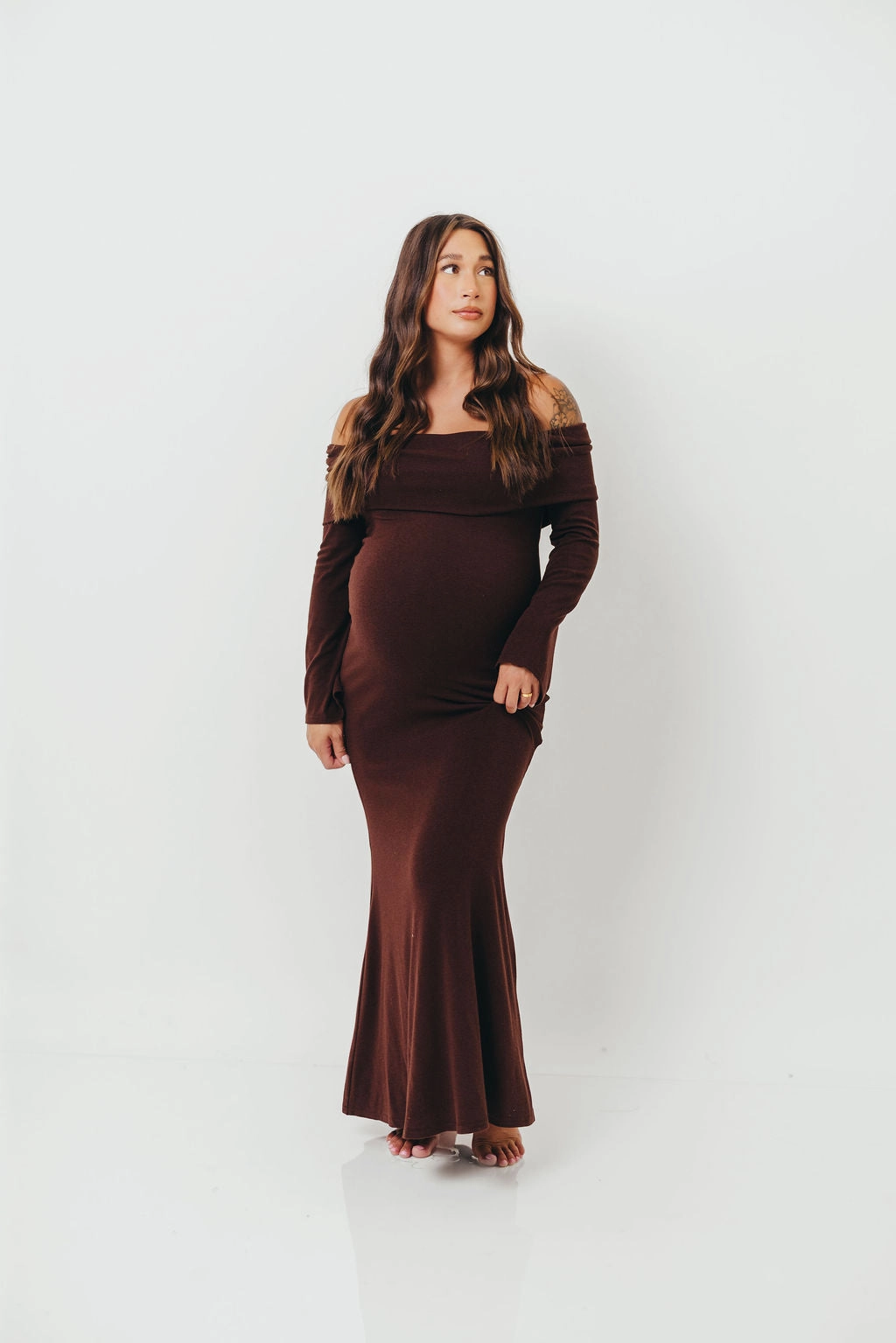Monroe Maxi Dress with Long Sleeves in Chocolate Brown- Bump Friendly Calm Fit Back Detail