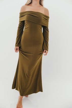 Cocktail-Party Comfortable travel dress Monroe Maxi Dress with Long Sleeves in Olive Green- Bump Friendly