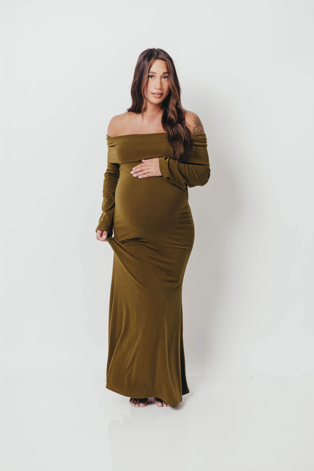 Monroe Maxi Dress with Long Sleeves in Olive Green- Bump Friendly Bloom Zone Perfect Style Wear