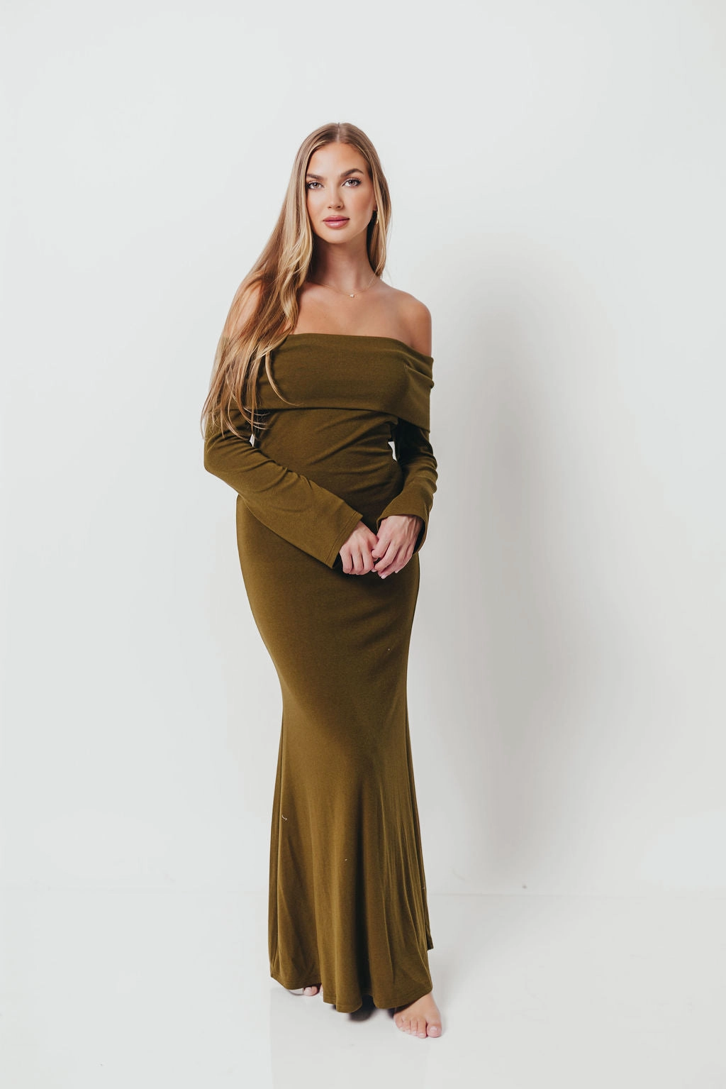 Monroe Maxi Dress with Long Sleeves in Olive Green- Bump Friendly Retro Mood Luxe Appeal
