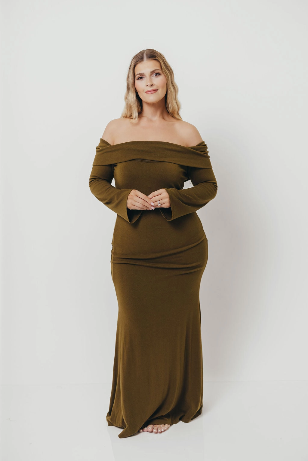 Occasion Ready Monroe Maxi Dress with Long Sleeves in Olive Green- Bump Friendly