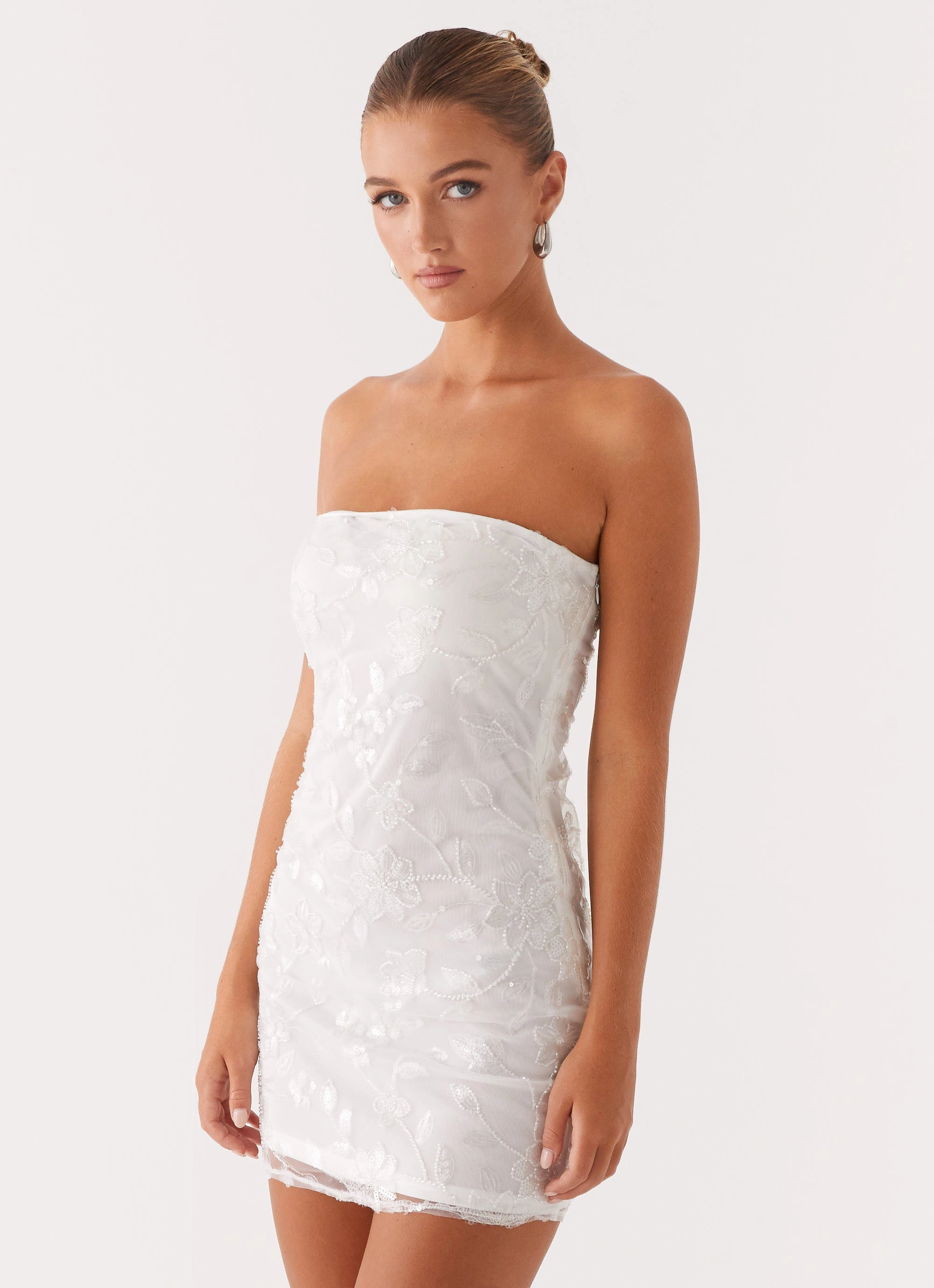 Essential Style Muted Tones Moorey Beaded Mini Dress - White Silver