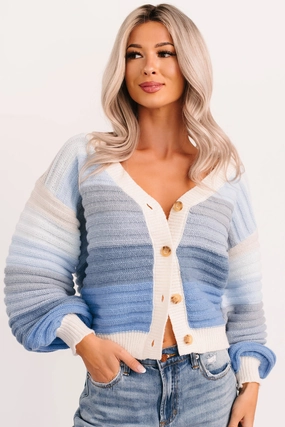 SeamlessSidePanels Morning Breeze Ombre Striped Knit Cardigan (Blue)