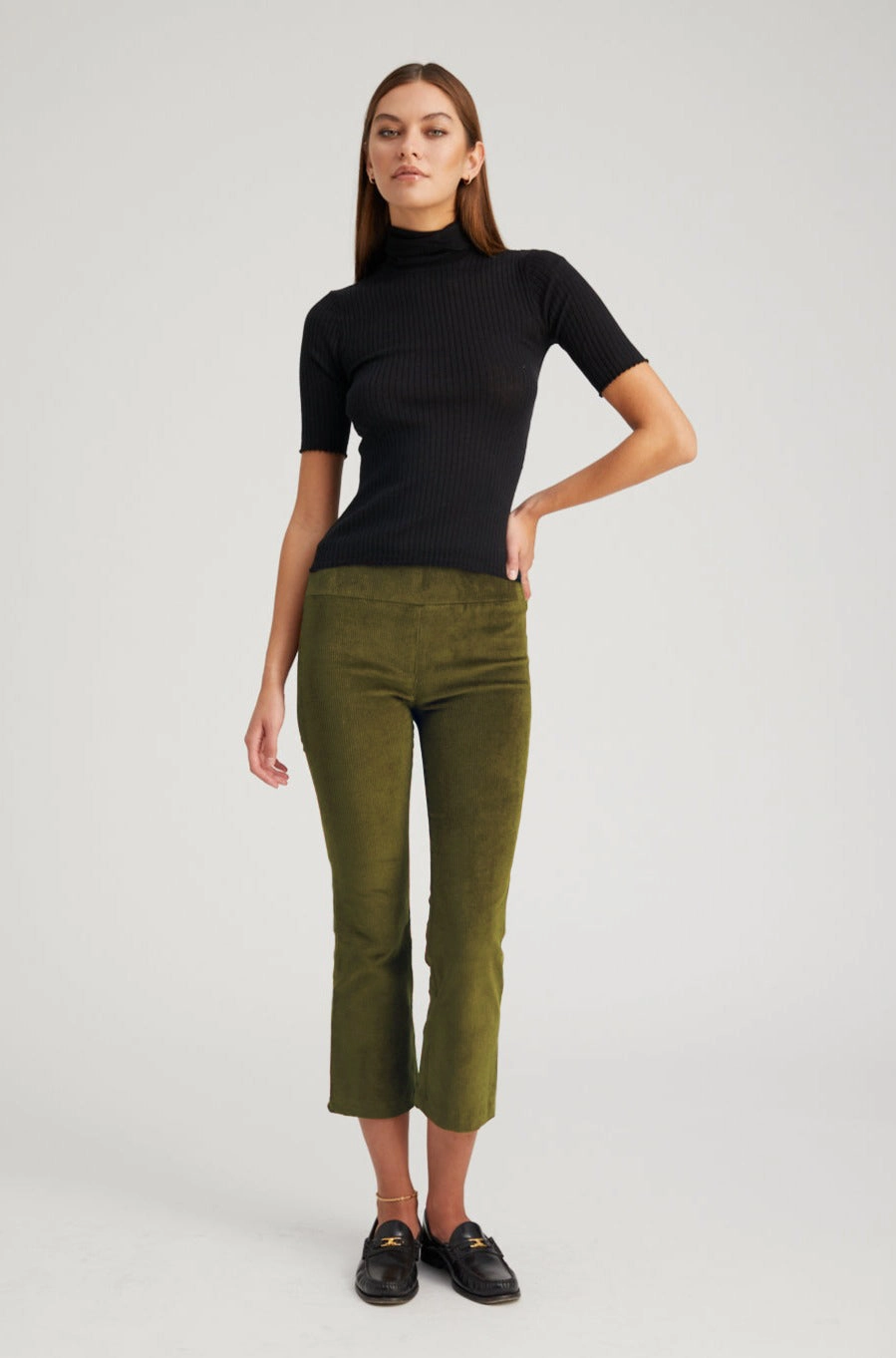 Moss Corduroy Crop Flare Pants TearResistantMaterial Adjustable Drawcord