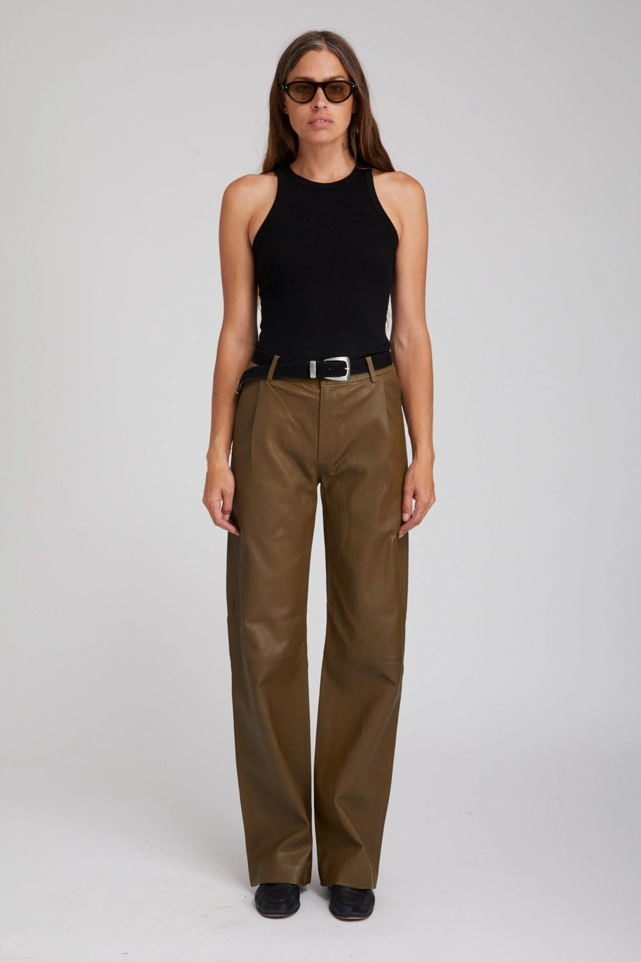 Moss Leather Straight Leg Trousers Flexible Movement Modern Cut