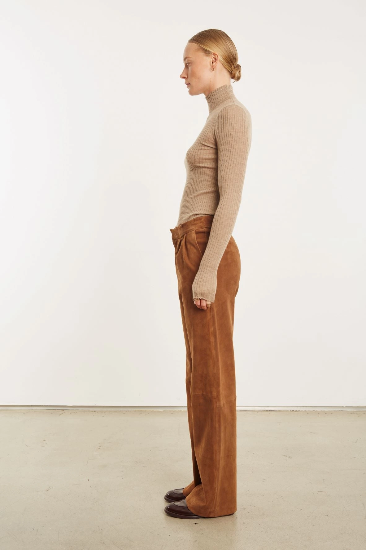 SeamlessPockets Dark Cognac Suede Straight Leg Trouser