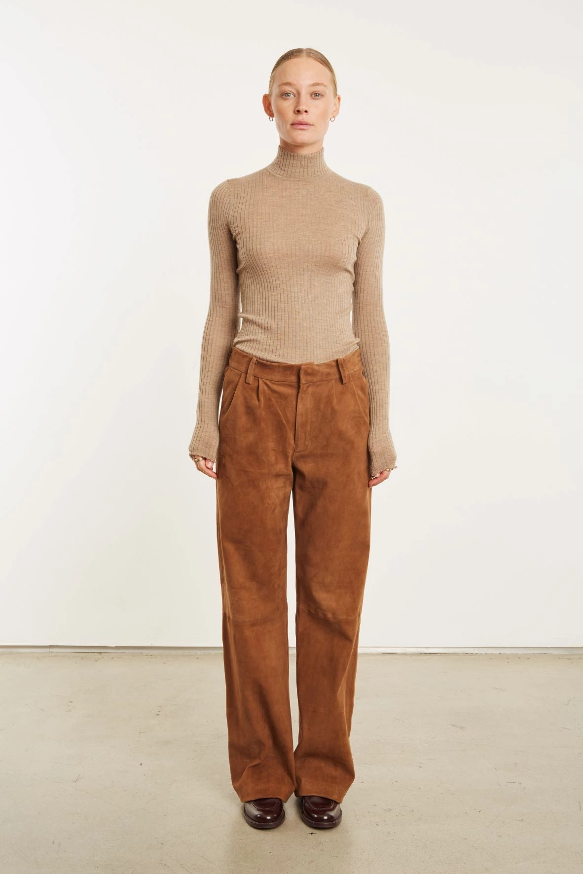 Dark Cognac Suede Straight Leg Trouser Urban Ready Dynamic Fit