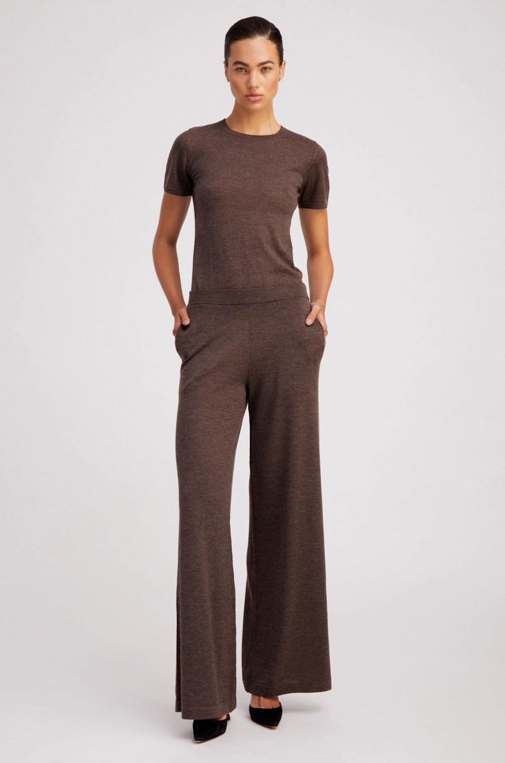 Heather Brown Ultra Fine Cashmere Wide Leg Pants Soft Stretch