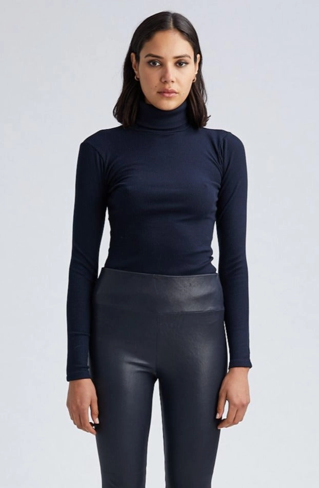 Navy Rib Long Sleeve Turtleneck MoistureWicking Technology Fitted Blouse
