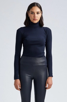 Navy Rib Long Sleeve Turtleneck MoistureWicking Technology Fitted Blouse